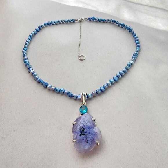 Sterling 925 Blue Pearl Necklace Choker coquette fairy Blue Solar Quartz In Box - Picture 2 of 9